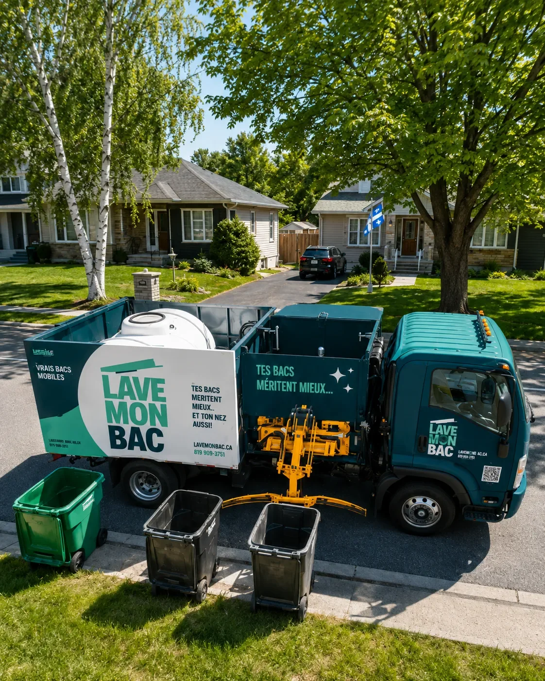 Le camion Lave Mon Bac en service dans une rue résidentielle